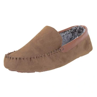 Image of E G O Mens Luxury Faux Suede Moccasin Slippers Traditional Full Loafer With Microsuede Upper and Soft Warm Fur Lining Hard Wearing Outer TPR Sole Tan Colour Adults UK Shoe Size 8