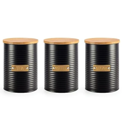Image of EHC Set of 3 Tea, Coffee &amp; Sugar Airtight Kitchen Storage Canister Jars Containers, Black, 1L