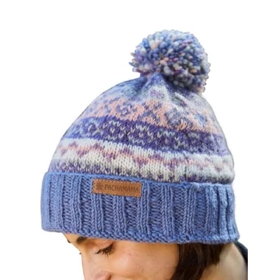 Image of Pachamama Women Wool Beanie Bobble Hat Fleece Lined Roll Back Handknitted Traditional Fairisle Multicoloured One Size Handmade Extra Warm Fair Trade (Wool, Violet)