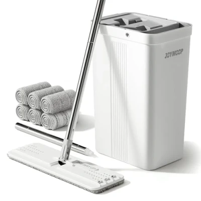 Image of JOYMOOP Mop and Bucket with Wringer Set for Home, White Flat Squeeze Floor Cleaning, Hands Free Wet Dry Walls, 60&quot; 6 Reusbale Microfiber Pads