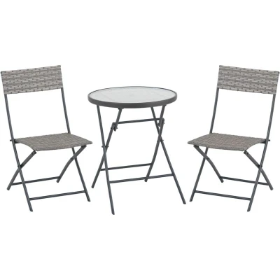 Image of Outsunny 3 Pieces Rattan Bistro Set, Wicker Folding Garden Furniture Set with Glass Top Coffee Table and Chairs for Outdoor, Patio, Balcony, Grey