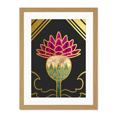 Image of Wee Blue Coo Gold Edge Scottish Thistle Flower Illustration Large Art Print Poster Wall Decor 18x24 inch Supplied Ready To Hang With Included Mount Brackets