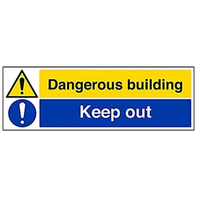 Image of V Safety Dangerous Building/Keep Out Warning Sign 600mm x 200mm 1mm Rigid Plastic