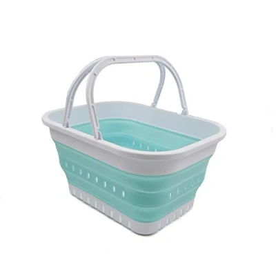 Image of SAMMART 19L Collapsible Tub with Handle Portable Outdoor Picnic Basket/Crater Foldable Shopping Bag Space Saving Storage Basket (White/Lake Green)