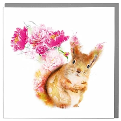 Image of Lola Design Wildlife Botanical Greeting Cards, Squirrel Suitable for Birthdays, Congratulations or Any Special Occasions Blank Inside with Grey Envelope 150mm x