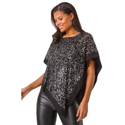 Image of Roman Originals Sequin Overlay Stretch Tunic Top for Women UK Ladies Everyday Autumn Winter Round Neckline Comfy Soft Evening Vacation Work Party Night Out Black Size 10
