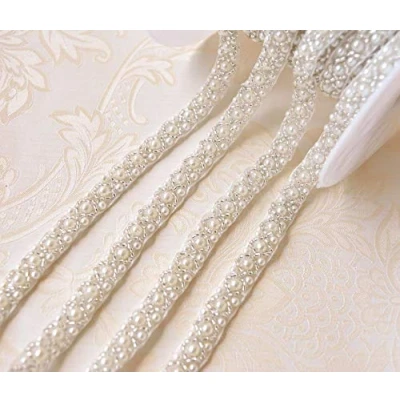Image of Bene Omnia 5 Yards Pearl Beaded Trim Bridal Lace Ribbon Trimming Edge Tape for Craft Sewing Wedding Dress Fabric DIY Decoration 1cm