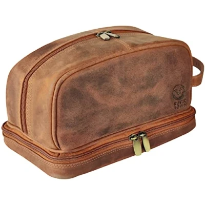 Image of Genuine Leather Travel Cosmetic Bag Hygiene Organizer Dopp Kit by Rustic Town
