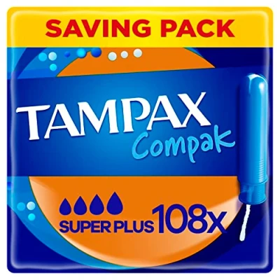 Image of Tampax Compak Tampons, Super Plus with Applicator, 108 Tampons (18 x 6 Packs), Leak Protection and Discretion, Absorbent