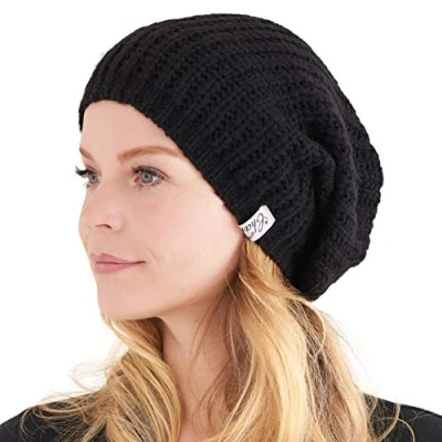 Image of Oversized Winter Slouchy Knit Beanie Mens Warm Wool Autumn Hat Womens Slouch Dreadlock Cap Large Big Heads Black