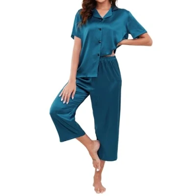 Image of Reliwel Women&#039;s Pyjama Sets Silk Pyjamas for Women Short Sleeve Top Cropped Pant two Pieces Button Down Pjs Ladies Bridesmaid Comfy Sleepwear Loungewear Nightwear S Xxl