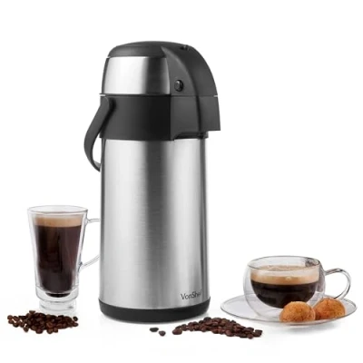 Image of VonShef Airpot, 3L Stainless Steel Coffee Dispenser with Vacuum Pump, Double Wall Insulated &amp; Tea Urn Safety Lock Carry Handle