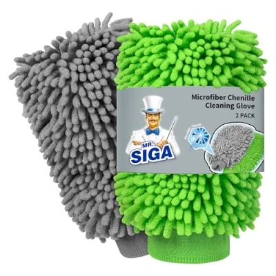 Image of MR.SIGA Microfibre Car Wash Mitt, Super Absorbent &amp; Scratch Free Mitt for Washing, Streak Noodle Glove Lifting Dirt, Pack of 2, Green Grey