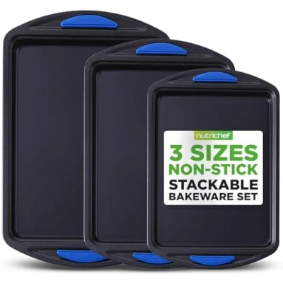Image of NutriChef 3 Piece Baking Pan Set Premium Nonstick Carbon Steel Bakeware w/Silicone Handles Includes Large, Medium, &amp; Small Pans for Roasting PFOA, PFOS, PTFE Free Gray