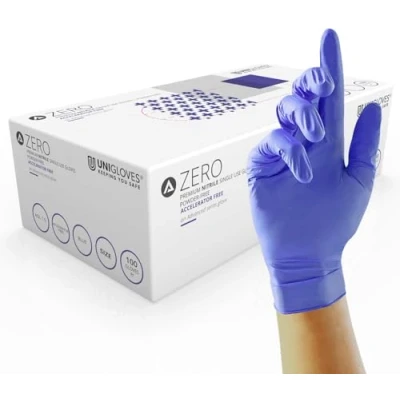 Image of Unigloves Advanced Zero GM0054 Accelerator Free Nitrile Examination Multipurpose and From Powder, Zinc, Sulphur &amp; Latex, Box of 100 Gloves, Blue, Large