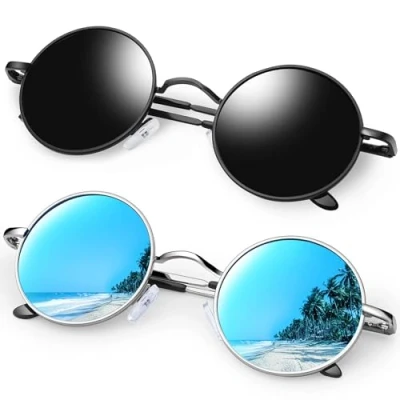 Image of KANASTAL Mirror Round Sunglasses Mens Blue Polarised Hippie Style Vintage Circle Womens Mirrored UV Small Black Frame Lens + Metal