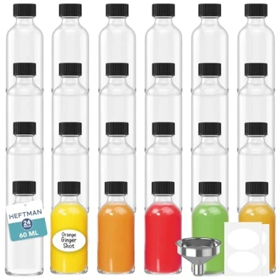 Image of HEFTMAN Glass Shot Bottles with Lids 24 Pack 60ml 3 Funnels &amp; Labels Reusable Ginger Empty Clear, Airtight Mini for Shots, Juice, Oils, Liquor, Sauce