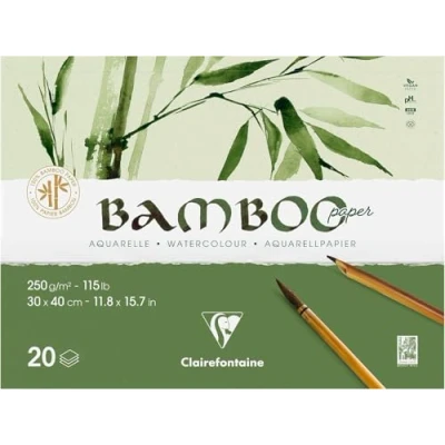 Image of Clairefontaine 975914C Bamboo 2 Sides Glued Pad 20 Sheets 100% Natural White Watercolor Paper Vegan Finely Marked Grain Professional Quality 30x40 cm 250g