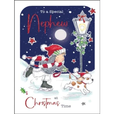 Image of Nephew Christmas Card Special Boy and Puppy Ice Skating Artistic Festive Dog Design Finishes Illustrated Insert Leaf Made in the UK