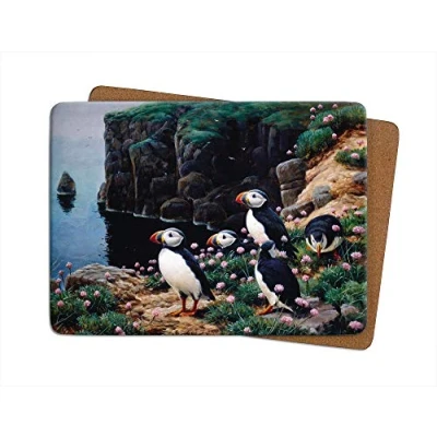 Image of Julian Friers Puffins Cliff Edge Large Table Mat by Wildlife Artist Non slip Cork backed Placemat