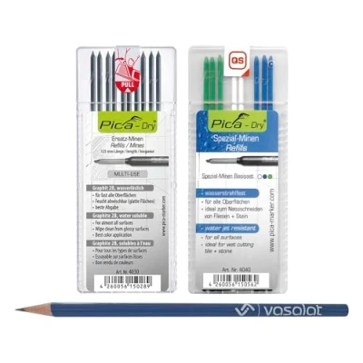 Image of vasalat Pica Dry Refill Set 10 Pieces Graphite 2B Multi Use and 8 Refills Waterjet Resistant in Blue/White/Green
