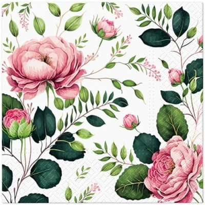 Image of Tete a 3Ply Flowery Tissue Paper Napkins Decoupage Serviettes 33cm x 1/4 Folded (Pack of 20) (Noble Roses)