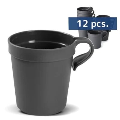Image of Abena Gastro Reusable Plastic Mugs 9oz Pack of 12 Charcoal Grey Stacking Dishwasher Safe Stackable Cups with Handles Unbreakable Camping Coffee