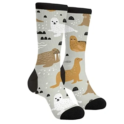 Image of XVBCDFG Cute Seal Walrus Socks Men Women Funny Crazy Novelty Crew Tube Socks, Casual Athletic Sport Dress