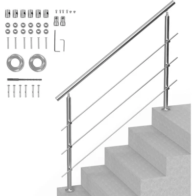 Image of VEVOR Handrails for Outdoor Steps, 59 in Length 3 Crossbars Stair Hand Rail Kit, Transitional Stainless Steel Railings w/Installation Double Column Staircase Seniors,Porch &amp; Deck
