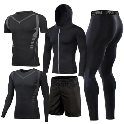 Image of BOOMCOOL 5Pcs Gym Clothes Men Tracksuit Sets Running Wear Compression Shirts Sleeve Tops Jackets Long Suits Leggings Shorts Sports Activewear for Athletic Workouts XL