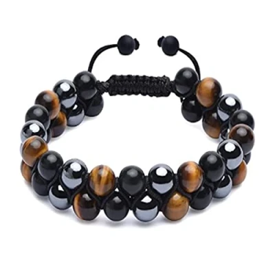 Image of SMDSAZ Healing Crystals Tigers Eye Black Obsidian Hematite 8mm Stone Beads Good Luck Triple Protection Bracelet For Men Women Couples