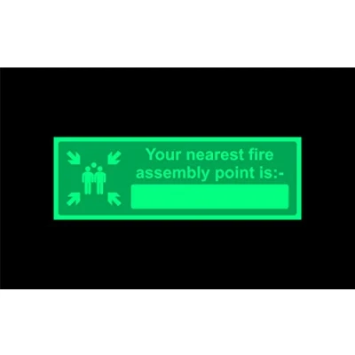 Image of Your nearest fire assembly point is Safety sign 1.2mm Photoluminescent glow in the dark rigid plastic with self adhesive backing 300mm x 100mm