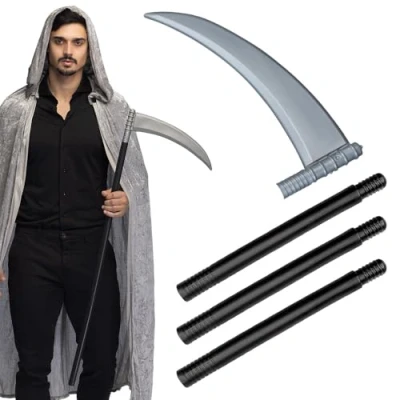 Image of Boland 101cm Grim Reaper Scythe, 4 Pieces, Detachable, Halloween Fancy Dress Accessory, Horror Up, Prop, Weapon, Carnival, Grey