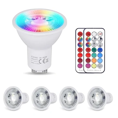 Image of YAYZA! GU10 LED Light Bulbs 5W, RGBW Colour Change Dimmable Spotlights Cool White 6000K, Energy Saving Smart Spot with Remote Controls, 12 Colours, 5 Model, Timer, 4 Pack