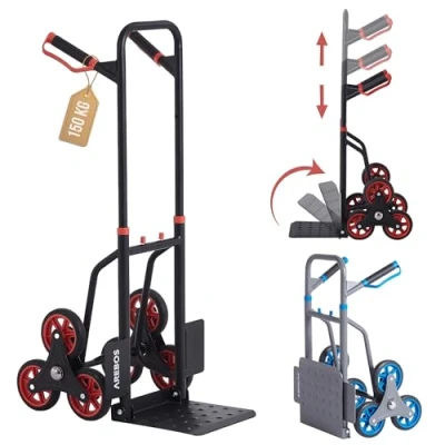 Image of Arebos Stair Cart Sack Truck, Folding Climber with Hard Rubber Tyres and Steel Frame, Transport Trolley for Moving Heavy Items, Black