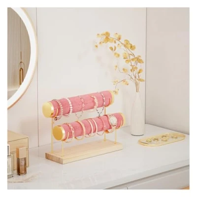 Image of Lolalet Detachable Bracelet Holder Stand, Gold Organiser for Selling, Velvet Wrap Display Rack with Wooden Base Bangles Scrunchies Watches 2 Tier, Pink