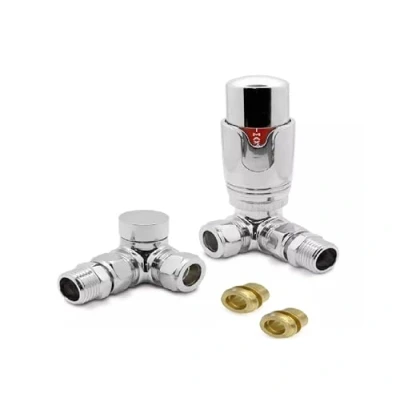 Image of Team Controls Corner Angled Thermostatic Radiator Valves &amp; Lockshield Valve 8mm Chrome TRV Pack inc 2no. Inset reducers
