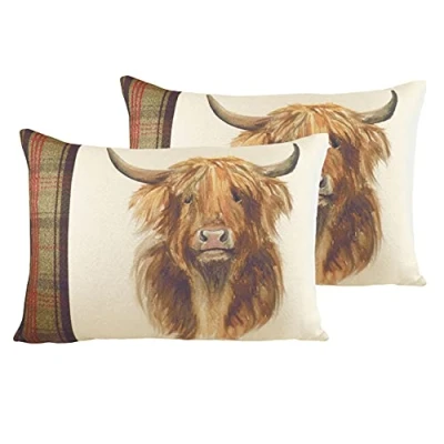 Image of Evans Lichfield Hunter Highland Cow Twin Pack Polyester Filled Cushions, Multi, 40 x 60cm