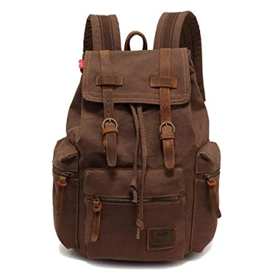 Image of Vintage Canvas Leather Backpack Unisex Casual College Bag Hiking 15.6 inch Laptop Business Rucksack, Coffee