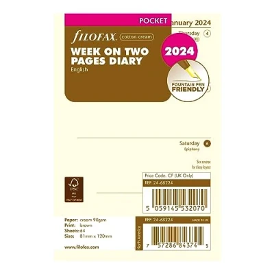 Image of Filofax Calendar Diary Refill, Pocket Size, Week to View, Cotton Cream Paper, Unruled, English, 2024 (C68224 24)