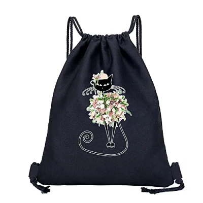 Image of Drawstring Gym Bag, String Swim PE Bag,Large Sports Backpack Bags for Women Men, Travel Beach School Bag with Waterproof Kids,Boys,Girls Men (Cat Flower)