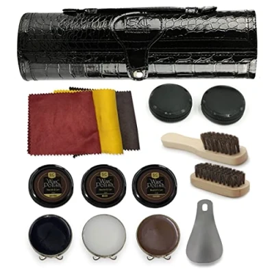 Image of Stone &amp; Clark 12PC Shoe Polish Care Kit, Leather Shine Kit with Brown Wax, Brushes for Polishing (Case: Black Textured)
