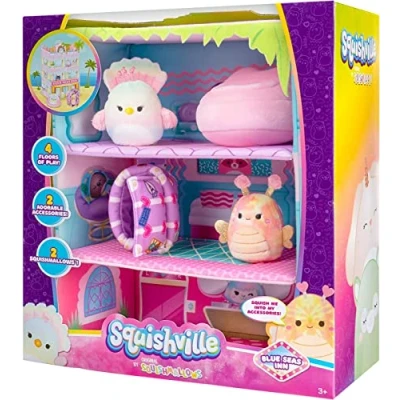 Image of Squishville by Original Squishmallows Blue Seas Inn Includes Two 2 Inch Squishmallows, Suitcase, Lounger, and Large Playscene Amazon Exclusive