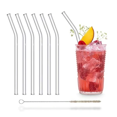 Image of Halm Glass Drinking Straws 6X 20 cm with Bend Reusable + Plastic Free Cleaning Brush Straw Bent Dishwasher Safe Sustainable Sipping Tubes Curved