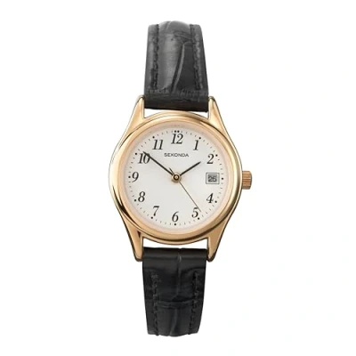Image of Sekonda Womens 27mm Robinson Analogue 3 Hand Classic Quartz Watch Gold Case with White Dial Date Window and Black Leather Strap 30m Water Resistant