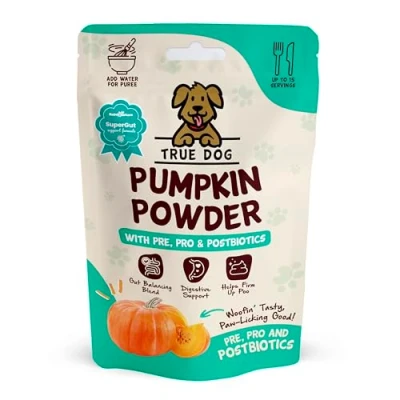 Image of True Dog Pumpkin Powder with Pre, Pro &amp; Postbiotics 100g Natural Puree for Dogs, Digestive Supplement, Stool Firming, High Fibre Food Topper, Manufactured in the UK