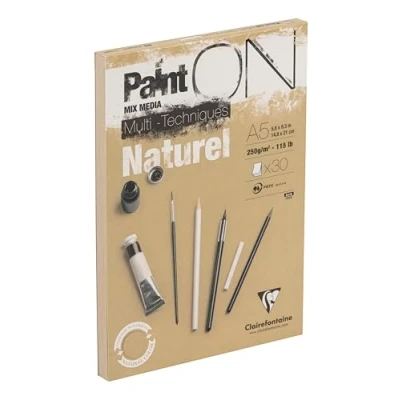 Image of Clairefontaine Ref 96539C Paint&#039;ON Multi Technique Naturel Paper Pad (30 Sheets) A5 Size, 250gsm Heavyweight Paper, Natural Sand Colour, Acid Free, pH Neutral