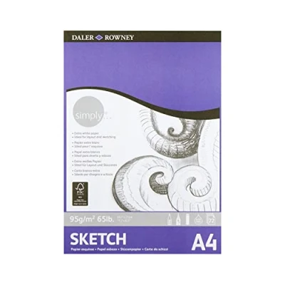 Image of Daler Rowney Simply Lightly Textured 95gsm A4 Sketching Paper, Glued 1 Side, 72 White Sheets, Ideal for Entry Level Artists &amp; Hobbyists
