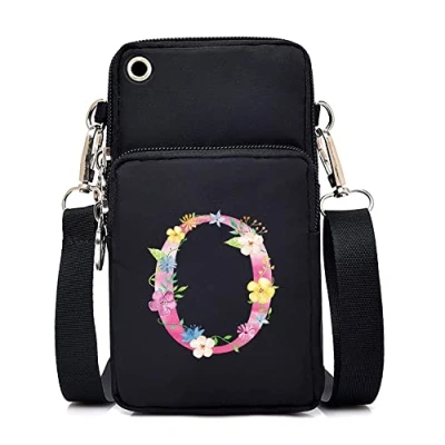 Image of FINDING CASE initial letter Printed Women Girls men Zipper Waterproof Nylon 3 Layers Crossbody Bags Wallet Cellphone Purse Shoulder Bag Wristlet Handbags Adjustable Strap (pink O)