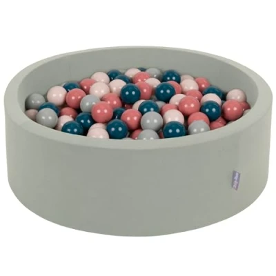 Image of KiddyMoon Soft Ball Pit Round 90X30cm/200 Balls ∅ 7Cm/2.75In For Kids, Foam Pool Baby Playballs, Sage: Dark Turquoise/Pastel Beige/Green Grey/Salmon